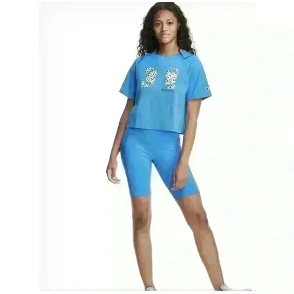 Champion Womens Cropped Graphic-Print T-Shirt Balboa Blue Size M-L - Picture 5 of 12
